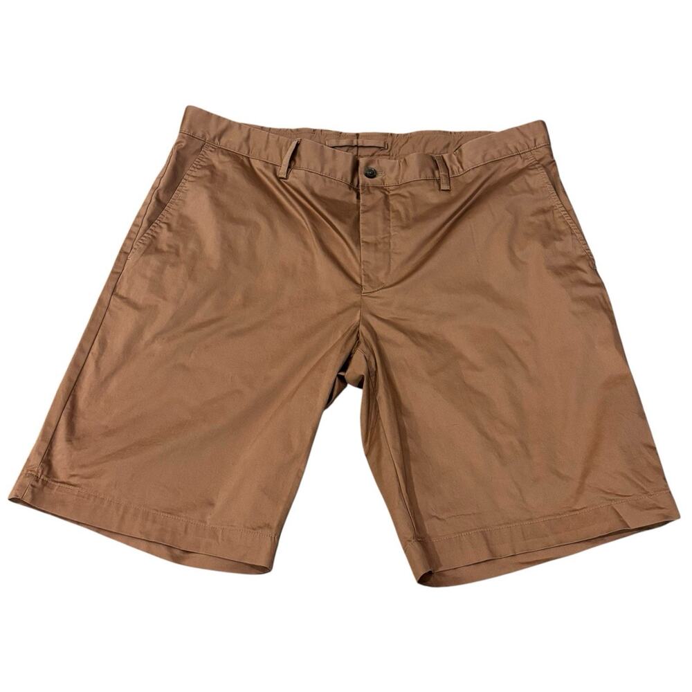 J. Lindeberg Nathan Super Satin Shorts Men's 36 Khaki Tan Stretch 10" Inseam